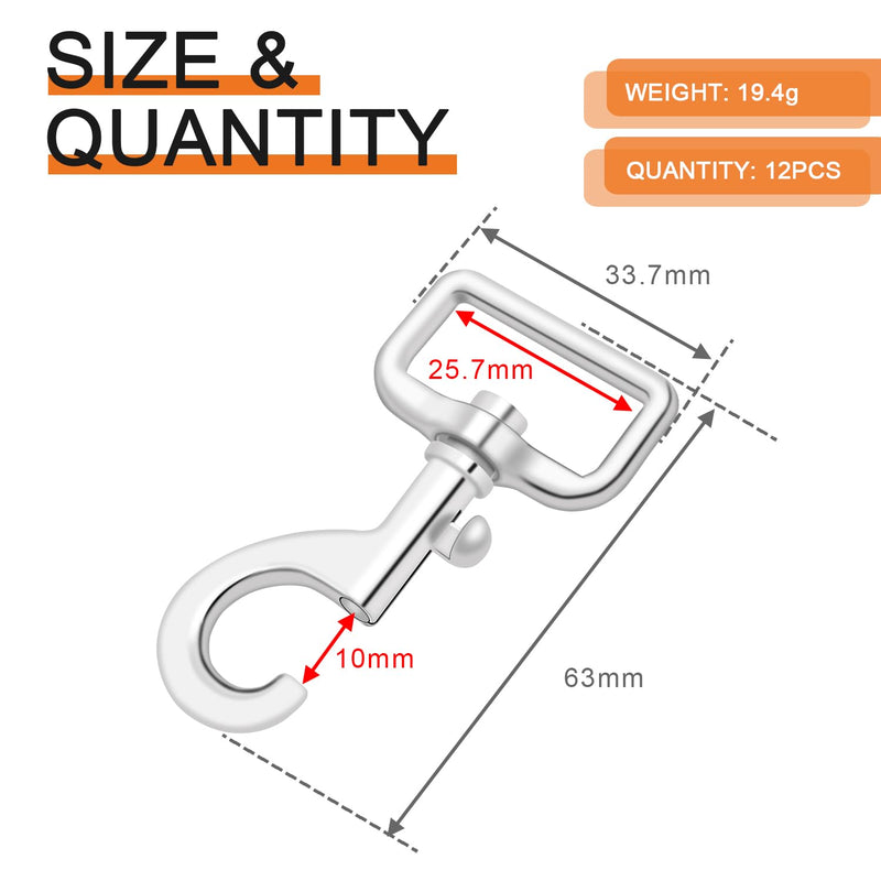 [Australia - AusPower] - 12 Pack Metal Swivel Snap Hooks 1 Inch Swivel Bolt Snap Heavy Duty Dog Leash Spring Hook Purse Chain Buckle Clips Hardware for Straps Dog Collar Harness - Silver 1" Snap Hook 12pack 