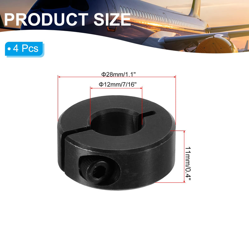 [Australia - AusPower] - PATIKIL Bore 12mm Single Split Shaft Collar 28mm OD 11mm Thickness, 4 Pack 45#Carbon Steel Locking Collar Clamp Style with Set Screw for Machine Tools Industry, Black 12mm/7/16inch 