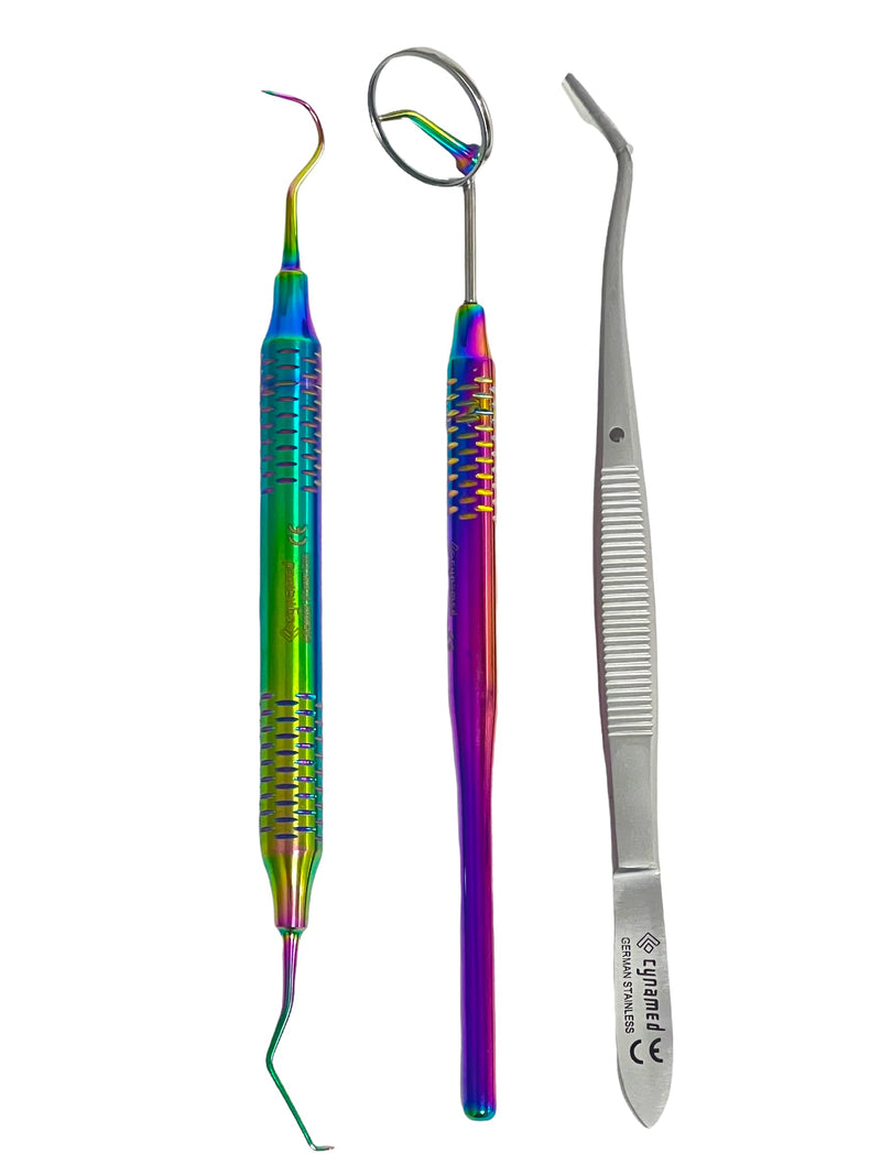 [Australia - AusPower] - ArTLaB-Premium German 3 Instruments Basic Dental Set- Mirror Explorer College Cotton Plier Hollow Handle -Dental Instruments set of 3 (Rainbow Titanium Set of 3) Rainbow Titanium Set of 3 