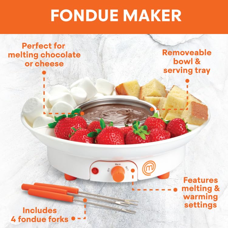 MasterChef Chocolate Fondue Maker- Electric Dessert Pot Set with 4 Forks & Removable Party Serving Tray- Melt or Warm Settings for Caramel Treats, Cheese- Charcuterie Appetizers, Date Night Gift