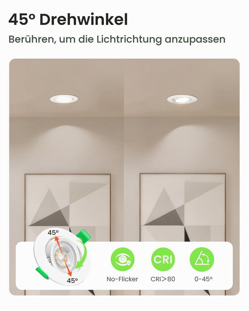 Alusso LED Recessed Spotlight 230 V Dimmable | 75-78mm 45° Tilt 6W 540lm, 3000K Warm White 4000K Neutral White 6500K Cool White for Kitchen, Height 1 inch, White, Set of 6 White, 3cct (3000/4000/6500k) Neigung Abnehmbar, Ø75-78mm Lochmass