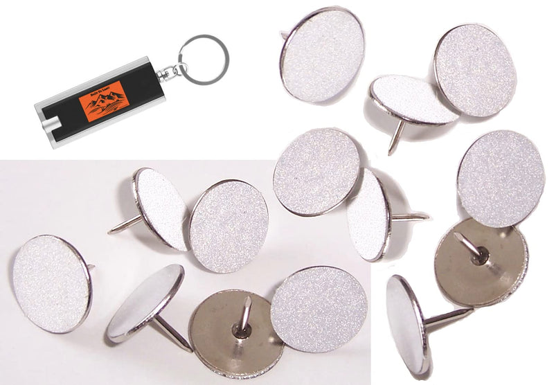 [Australia - AusPower] - XGX White Reflective Tacks (100 Pack) Trail Marking Tacks, Glow Tacks, Hiking Markers, Trail Marking Reflectors, Mark Trail Reflective Thumb Tacks for Hunting,with Included LED Keychain Light (1) 