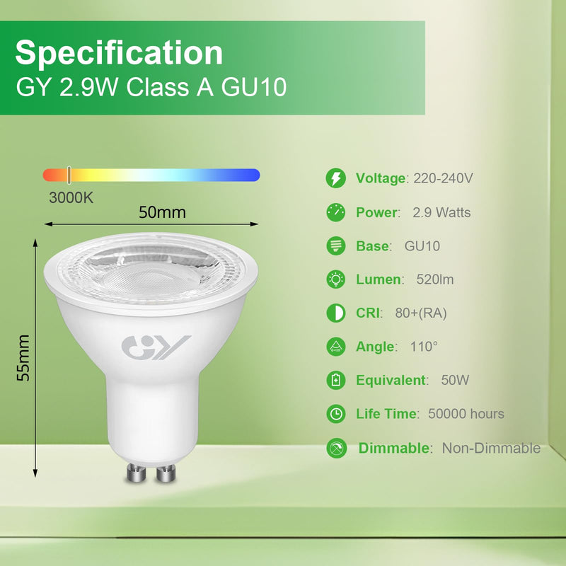 GY GU10 LED Warm White Bulb 2.9 W 520 Lumen 3000 K Warm White Bulbs, 50 W Lamp Replaced, Beam Angle 110° Bulb, Not Dimmable Energy Saving Bulb, Pack of 10 10 pcs