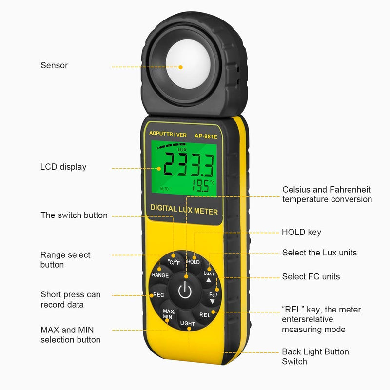 Digital Illuminance Light Meter,0.01~300,000 Measurement Range Lux Meter Foot Candles Luxmeter with 270º Rotated Sensor for Indoor Outdoor Light Meters for Plants (AP-881E) AP-881E(0.01~300,000 Lux)