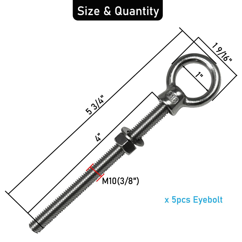 [Australia - AusPower] - Eye bolts, 5pack 3/8" X 4" Heavy Duty Shoulder Lifting Ring Threaded Eyebolts with Nuts Washers 316 Stainless Steel Marine Grade Eyebolt M10*100-5pack 