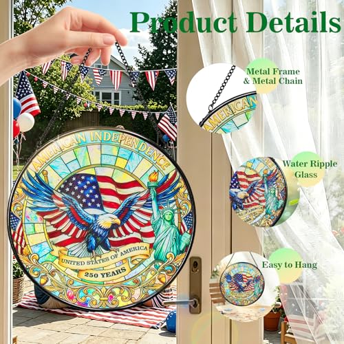8 Inch Stained Glass Window Hanging, Sun Catcher with Metal Chain and Hooks, Decorative Stained Glass Panel for Garden & Patio (Eagle) Eagle