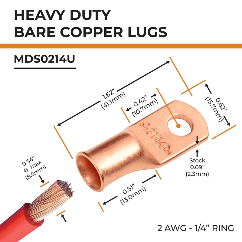 [Australia - AusPower] - SELTERM 10pcs 2 AWG - 1/4" Stud - Battery Lugs, Heavy Duty Wire Lugs, Ring Terminals, Battery Cable Ends,2 Gauge Terminals, UL Bare Copper Eyelets Electrical Battery Terminal Connectors 2 Awg - 1/4" (M6) Ring Bare Copper Lugs 10 