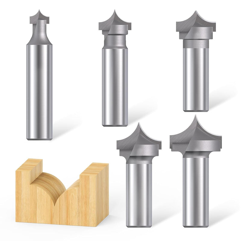5pcs Point Cutting Roundover Router Bit Set,1/2" Shank,Cutting Dia. 3/8",5/8",3/4",7/8" and 1",Round-Over Plunge Cutter for Wood Plunging,Routing 1/2"x 5Pcs