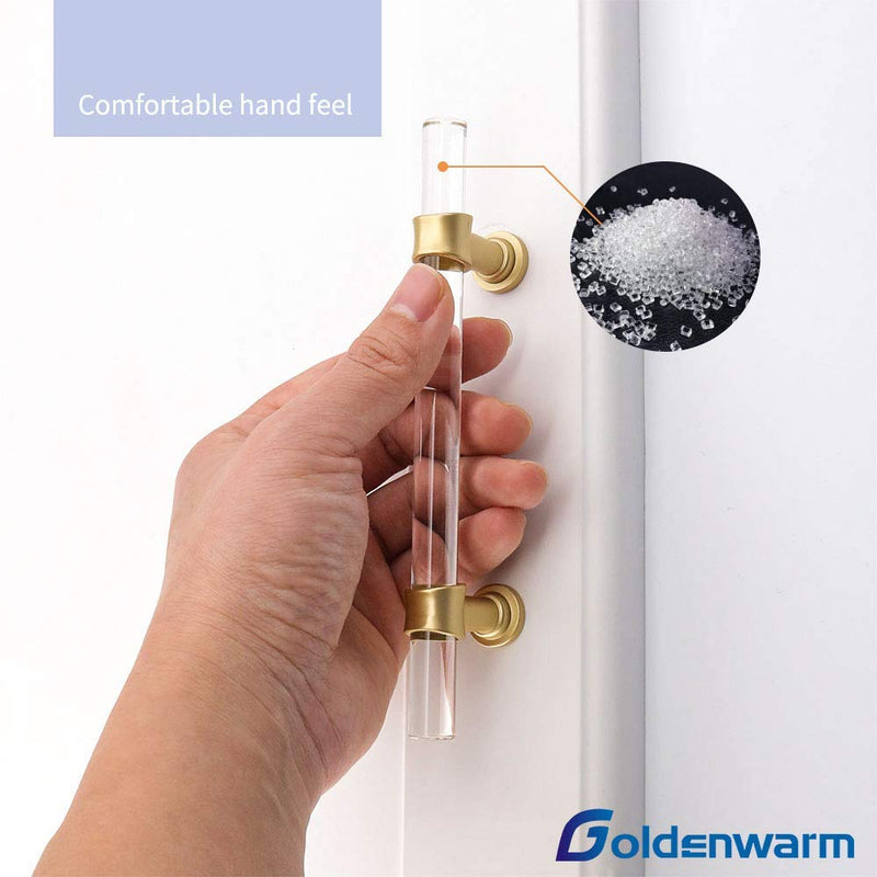 Goldenwarm 5 Pack 3-3/4 Inch Matte Gold Cabinet Pull Clear Acrylic Furniture Hardware Glass Cabinet Hardware for Kitchen Cupboard Bathroom 3.75"/96MM Hole Center