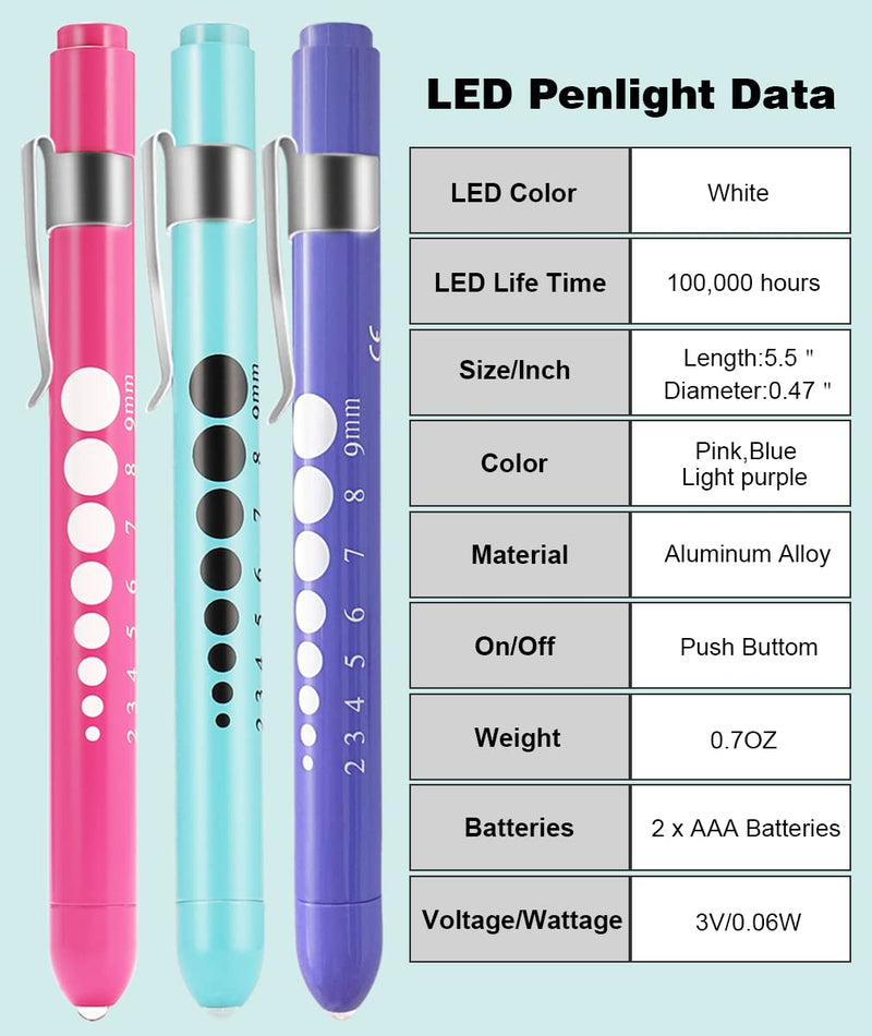 [Australia - AusPower] - MEUUT 3 Pack Pen Lights for Nurses with 6 Batteries – Medical Penlights Nurse Accessories for Work, Perfect Nursing Student Essentials Medical Supplies for Nurses Doctors EMT Trauma Pink+Blue+Light Purple 