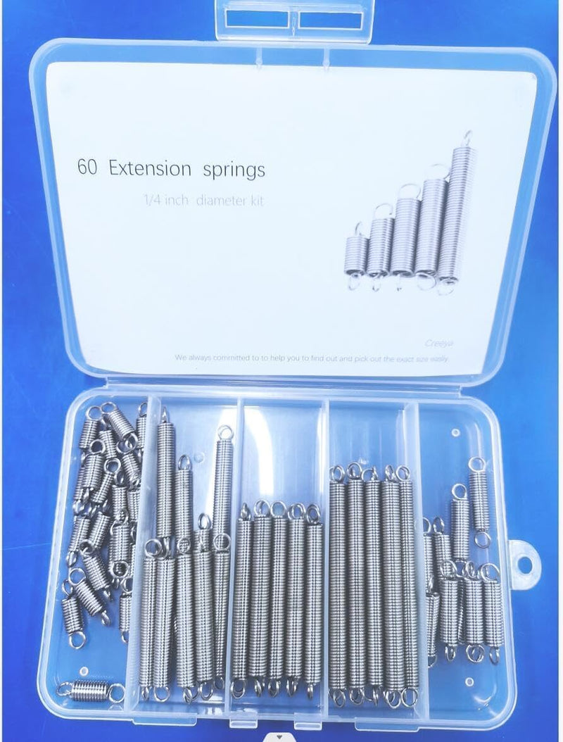 [Australia - AusPower] - 60pcs Extension Spring Assortment Kit, 0.035" Wire Diameter, 1/4" Outside Diameter, 13/32" to 2-1/4" Length, Stainless Steel Mechanical Small Extension Springs with Hook Ends 