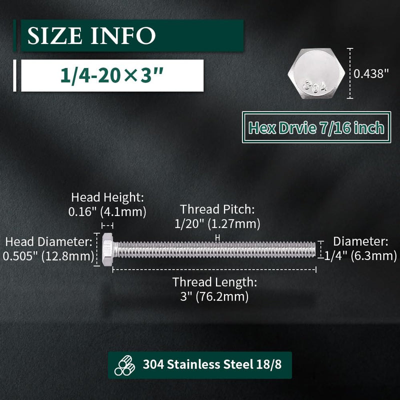 [Australia - AusPower] - 1/4-20 x 3 Hex Head Bolts Screws, 304 Stainless Steel 18-8, Fully Threaded, Hexagon Head Cap Bolts Screws, Coarse Thread UNC, 25 PCS 1/4-20 x 3" 