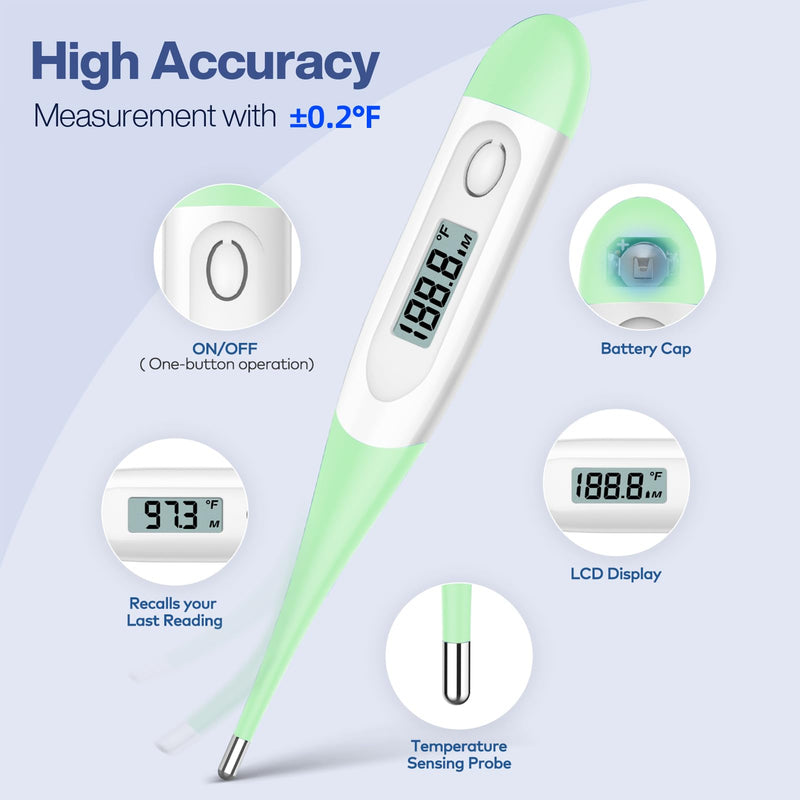 [Australia - AusPower] - Boncare 10 Seconds Digital Thermometer for Adults and Kids - Accurate & Safe Rectal Thermometer for Baby with Fever Alarm, Oral Thermometer (Light Green) Light Green 