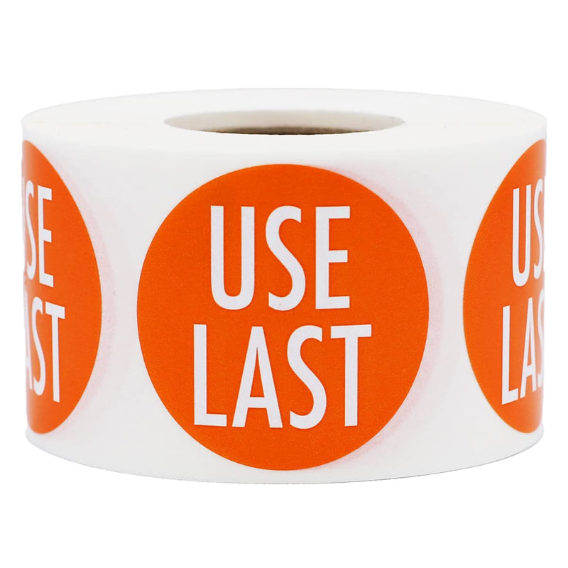 Orange with White USE Last Stickers 1.5 Inch Round Circle Dots 500 Adhesive Labels On A Roll for FIFO Inventory Rotation Stock Management and Food Prep Organization Made in the USA