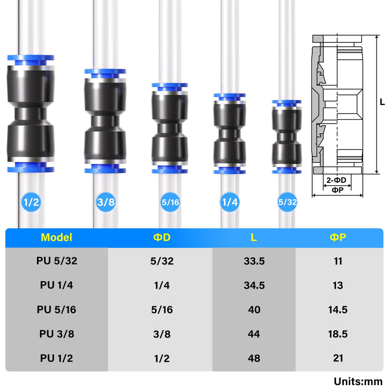 [Australia - AusPower] - TAILONZ PNEUMATIC 50 pcs Straight Push Connectors Plastic Quick Release Connectors Air Line Fittings for 5/32 1/4 5/16 3/8 1/2Tube (2 Way) 5/32"/1/4"/5/16"/3/8"/1/2"OD 