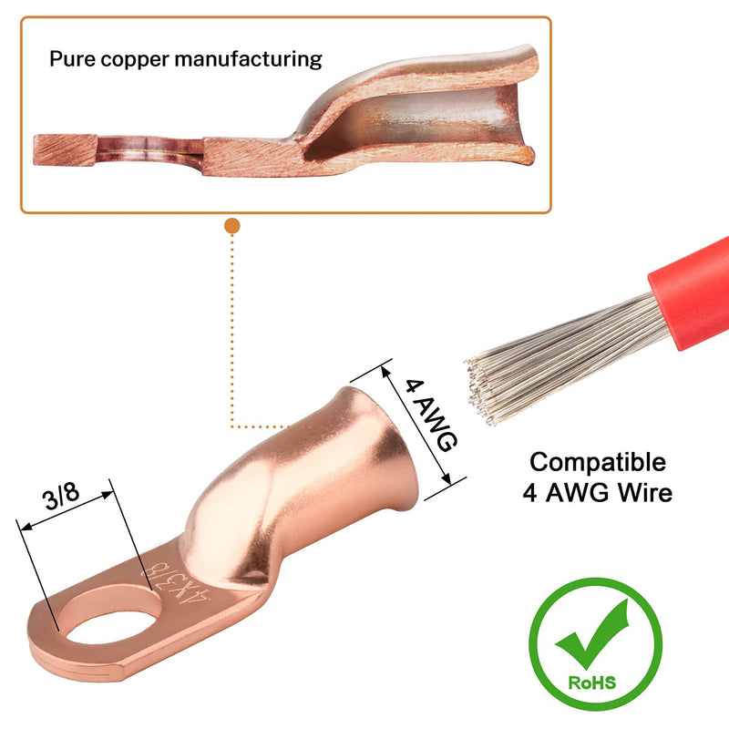 [Australia - AusPower] - 10pcs 4 Awg - 3/8" (M10) Sanuke Wire Lugs Ring Terminal Connectors Ends Heavy Duty for Battery Cable Lug Wire Electrical Eyelets with 3:1 Dual Wall Adhesive Heat Shrink 4 Awg - 3/8" (M10) Bare Copper 10 