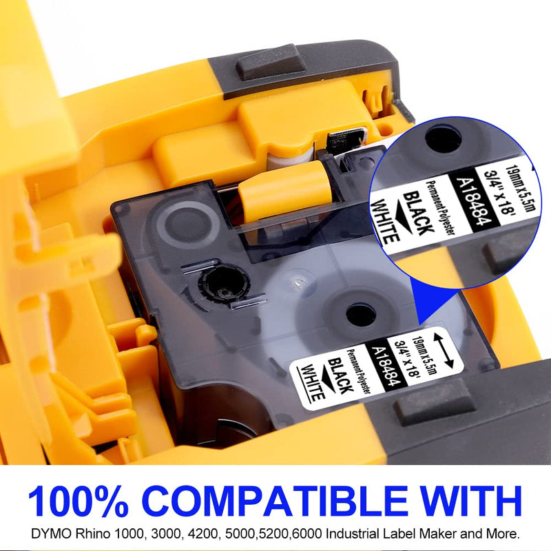 Replace for Dymo18484 Label Tape 3/4 19mm Use for Rhino 4200 5200 6000 3000 Industrial Label Makers, Compatible with Dymo Rhino Permanent Polyester Label Tape Black on White 3/4" x 18', 4 Pack 3/4"