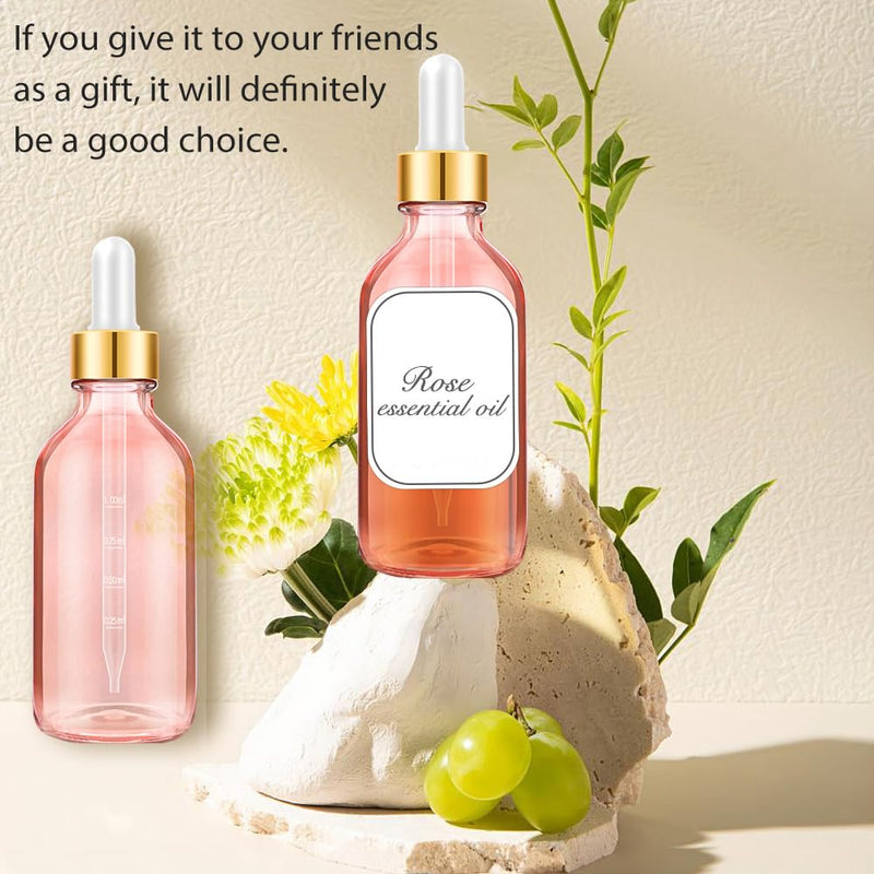 [Australia - AusPower] - Glass Bottle with Dropper, 4 oz Pink Tincture Bottle for Essential Oils with Labels and Funnels, 2 Pack Eye Dropper Bottles with Golden Top (Unbreakable Plastic Eye Dropper with Measurements) 2 Pack-Pink 