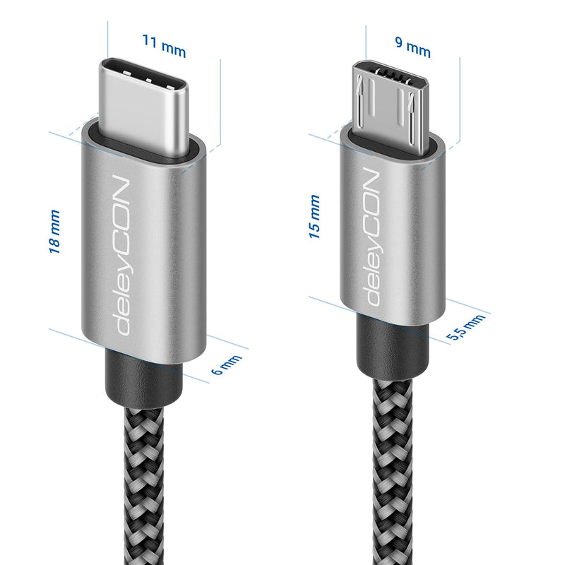 deleyCON 0.30 m USB-C to Micro USB Cable Adapter - Black | Short 30 cm, charging cable and data cable for mobile phone, smartphone, tablet, camera, charger, notebook, etc. 0.3 M