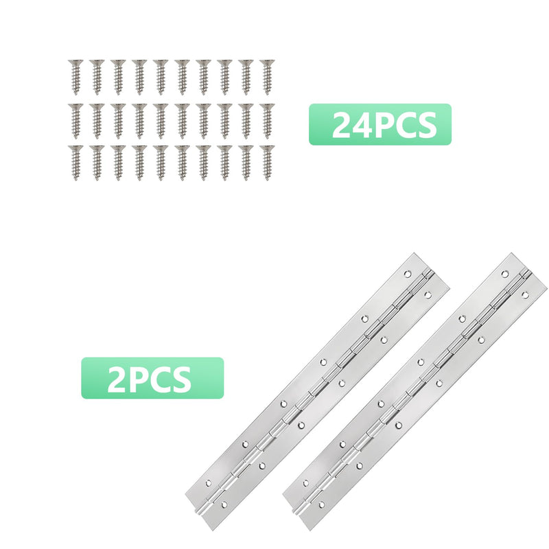 [Australia - AusPower] - 2Pack Silver Continuous & Piano Hinges 12 inch x 2Inch OpenWidth Heavy Duty Piano Hinges withHole Polished Stainless Furniture Hinges for Boats Cabinets Storage Box Door Cases with 24Screws 