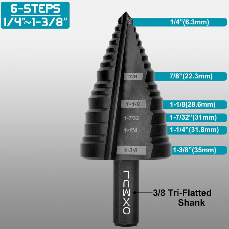Step Drill Bit for Steel,1-3/8",M35 Cobalt Drill Bits,3/8" Shank, | Heavy Duty for Stainless Steel, Hard Metal, Aluminum, Copper, Industrial Grade,6-Steps. 204 1 Unibit 1/4—1-3/8
