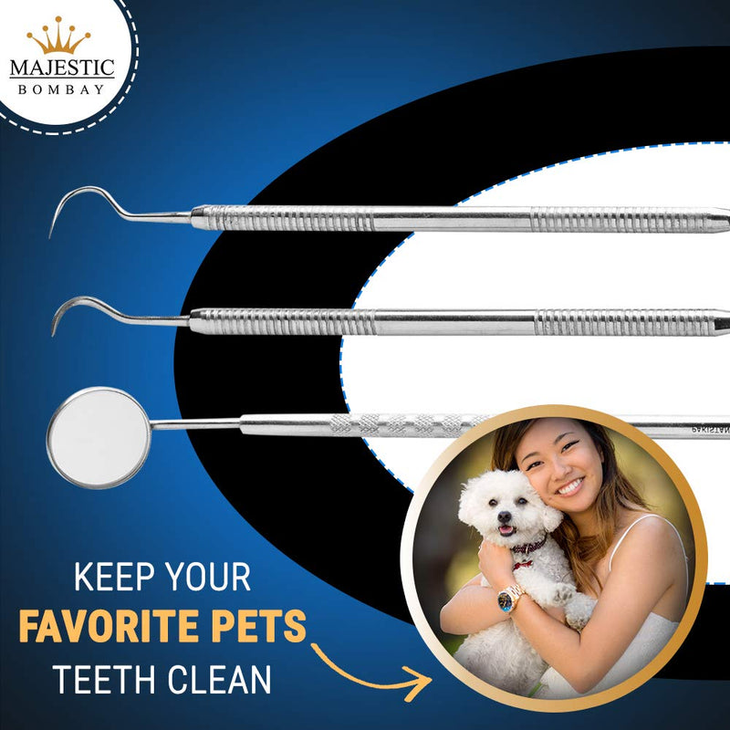[Australia - AusPower] - Dental Hygiene Tool Kit - includes Stainless Steel Tarter Scraper/scaling Remover, Dental Toothpick, Mouth Mirror - by Majestic Bombay- Dentists Tools Set Is Ideal for Personal Use & Pet Friendly 