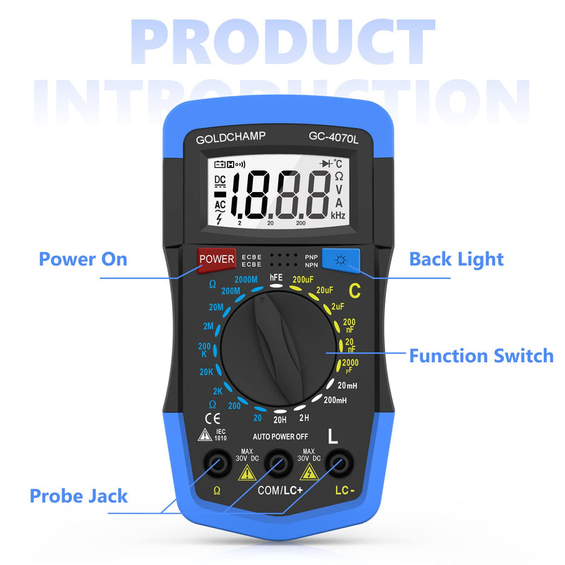Capacitor Tester 2000pF~200uF, 200~2000M0 0hm Multimeter Capacitance Meter, LCR Meter, hFE Test Multimeter, Manual Range, Backlight, Auto Power Off, Testing Meter Tool GC-4070L 2 Packs