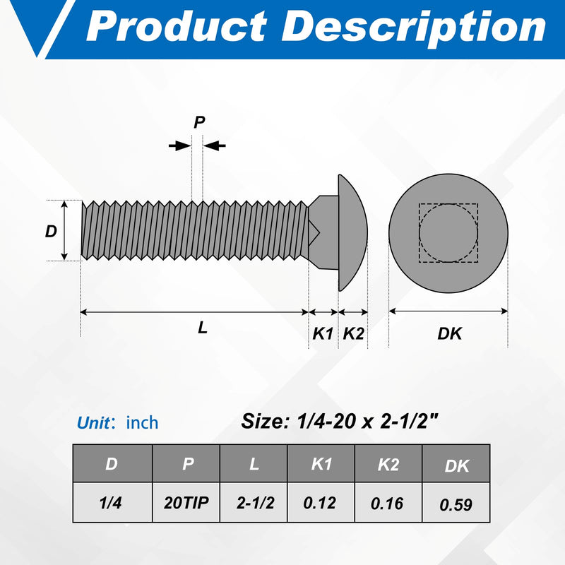 [Australia - AusPower] - Zonon Stainless Steel Carriage Bolts and Nuts Kit Round Head Square Neck Carriage Bolts Screws and Hex Nuts and Flat Washers, Stainless 18-8 Full Thread Coverage (25 Sets,Silver,1/4-20 x 2-1/2") 1/4-20 x 2-1/2" Silver 25 