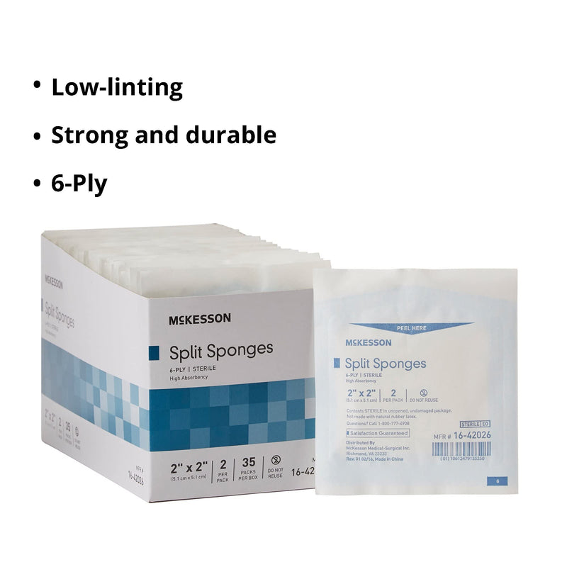 [Australia - AusPower] - McKesson Split Sponges, 6-Ply Sterile, I.V. and Tracheostomy Dressings, Polyester/Rayon Blend, 2 in x 2 in, 2 per Pack, 1 Pack 2 X 2 Inch ( 70 ct) 