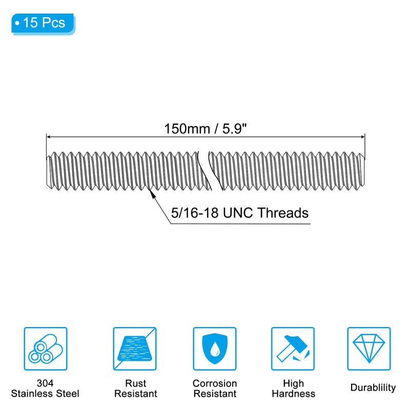 PATIKIL 5/16"-18 UNC 304 Stainless Steel Fully Threaded Rod, 15Pcs 5.9" Length Long Threaded Screw Right Hand Threads All Threaded Rod Studs for Anchoring Bolt, Clamps, Hangers and U-Bolts 5/16"-18 x 5.9"