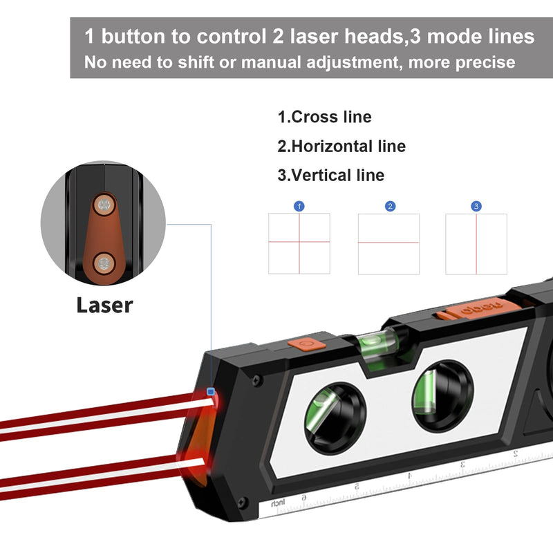 Laser Level Line Tool, 4 in 1 Multipurpose Standard Cross Line Laser Level, 10ft/3M Measure Tape Ruler, 3 Mode Laser Line,3 leveling bubble and Ruler Base for Picture Hanging, Home Renovation