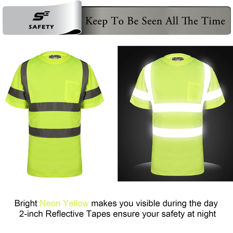 sesafety 360° Ultra-Bright Reflective Safety Shirts for Men, ANSI Class 3 High Visibility Construction Work T-Shirts with Pocket, Durable Silver Tapes to Keep You Seen and Safe Large Yellow 1