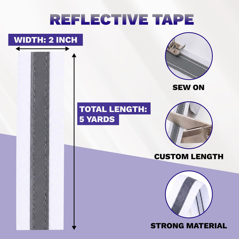 Reflective Tape for Clothing White 2'' x 16 ft High Visibility Sew On Safety Fabric Material Silver Warning Fluorescent Ribbon Ideal for Belt Jacket Pants Shoes Bags Clothes Raincoats Decor DIY