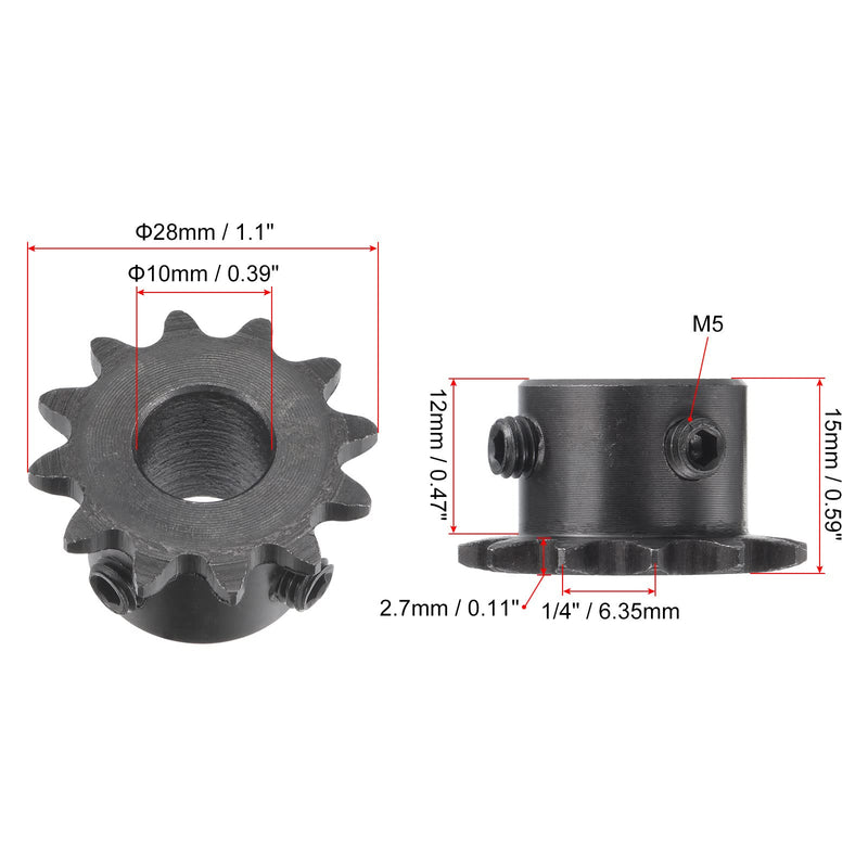 [Australia - AusPower] - uxcell 12 Tooth Roller Sprocket B Type, 25 Chain, Single Strand 1/4" Pitch, 10mm Bore Black Oxide C45 Carbon Steel with Set Screws for ISO 04C 