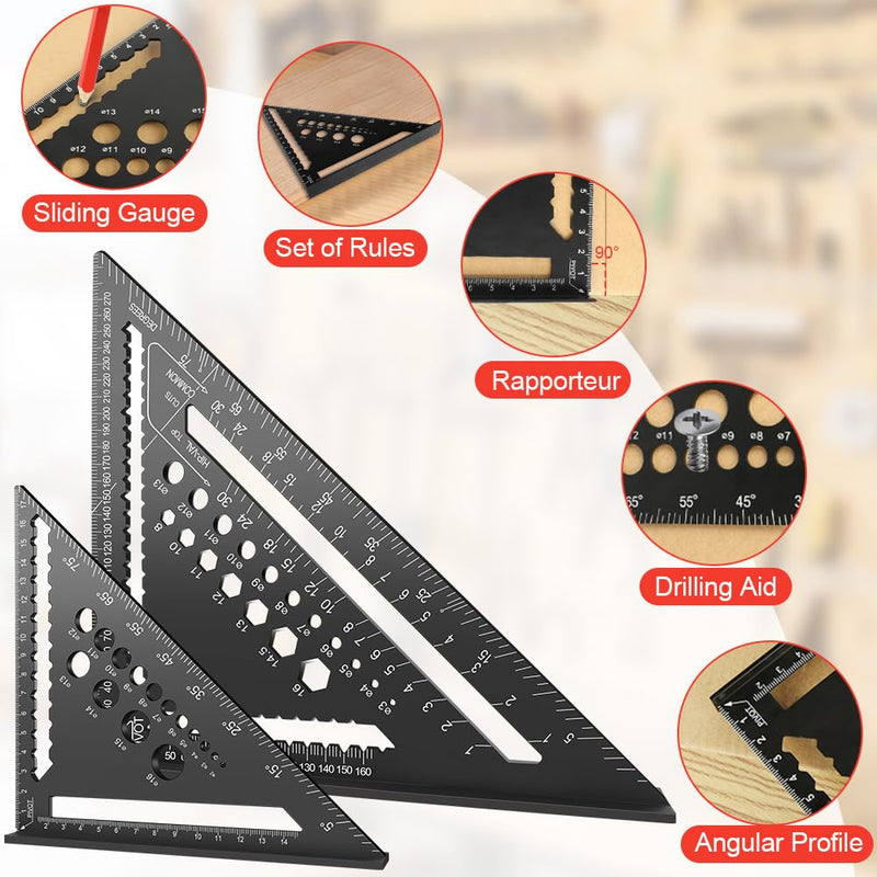 [Australia - AusPower] - flintronic Carpenter's Square Set, 2 Pieces Multifunctional Try Square, 18 cm + 30 cm, Aluminium Ruler Angle Guide Including Flat Carpenter's Pencil for Measuring Angles and Marking Drill Holes 