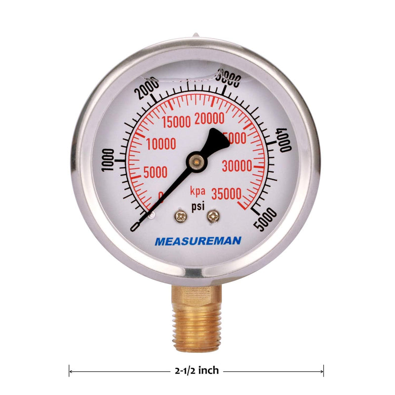 [Australia - AusPower] - MEASUREMAN 2-1/2" Dial Size, Liquid Filled Hydraulic Pressure Gauge, 0-5000psi/kpa, 304 Stainless Steel Case, 1/4" NPT Lower Mount 2 Pack 0-5000 psi / 2PCS 
