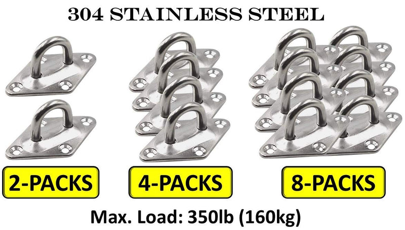 Heavy Duty Hammock Kits & Ceiling Hook Diamond Pad Eye Plates, 304 Stainless Steel & Black Zinc Galvanized Steel Corrosion Resistant, 2, 4 & 8 Packs 8-Pack-Silver-M6