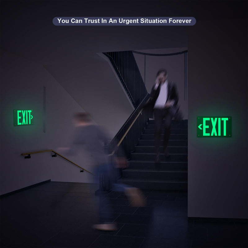 Photoluminescent Exit Sign Aluminum - Adhesive Backing Glow In The Dark - Removable Arrows Included - Pre-drilled Holes - 12x7 Inches - Non Electrical Green Exit Light For 50 Feet Visibility (2 Pack) Green 2 PCS With Pre-drilled Holes