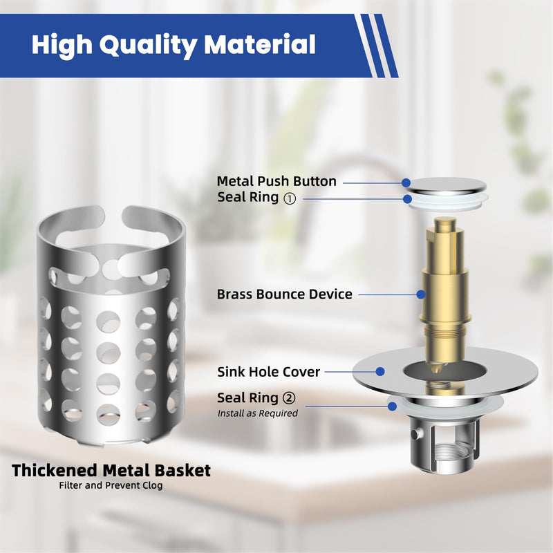 3PCS Universal Bathroom Sink Drain Strainer Hair Catcher, Chrome | Upgraded with Removable Stainless Steel Filter Basket, 3 in 1 Pop Up Sink Stopper for 1.1''~2.36'' Sink Basin Hole Chrome Finish