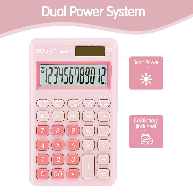 [Australia - AusPower] - deli Standard Function Basic Calculator, 12 Digit Desktop Calculator with Large LCD Display, Solar Battery Dual Power Office Calculator, Pink Small Pink 