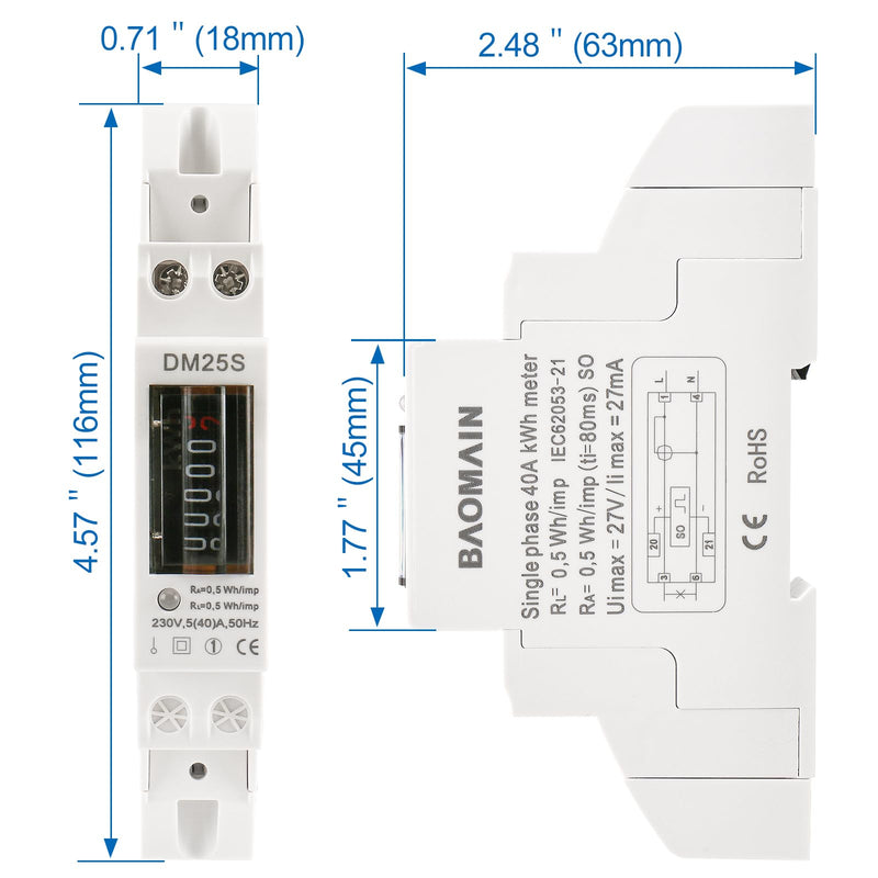 [Australia - AusPower] - Baomain Single Phase Two Wires Energy Meter 5(40) A 230V 50Hz One Module Kwh Meter DIN-Rail Mount (Counter Display / DM25S, 220VAC) 