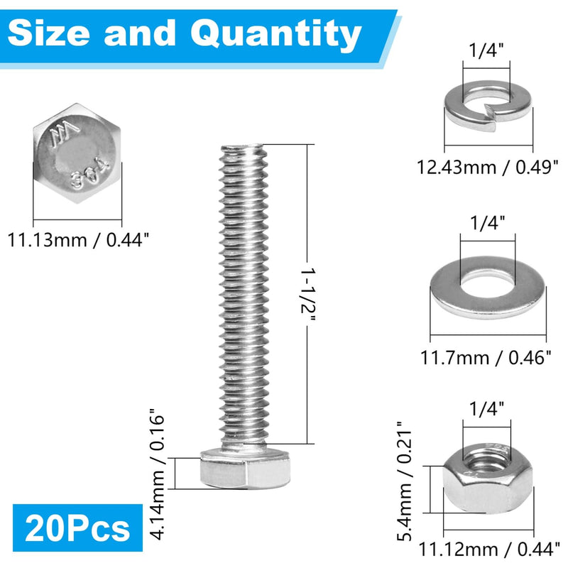 [Australia - AusPower] - Yinpecly 20 Sets 1/4-20 x 1-1/2" Hex Head Screw Bolt, Nuts, Flat & Lock Washers, Stainless Steel 304, Machine Fully Thread Hex Bolts, Bright Finish Hexagon Bolt, Nuts and Bolts Assortment Kit 1/4-20 x 1-1/2" 