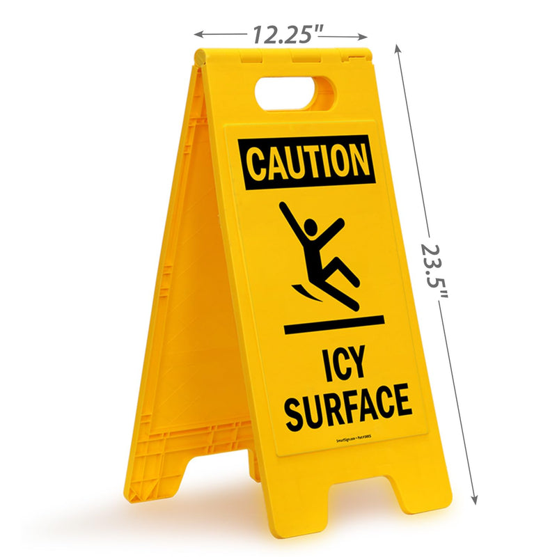 SmartSign 25 x 12 inch “Caution - Icy Surface” Two-Sided Folding Floor Sign with Symbol, Digitally Printed Polypropylene Plastic, Black and Yellow