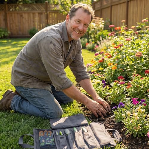 OGRE roll-up garden tool bag in black with six pockets, heavy-duty organizer, bag only
