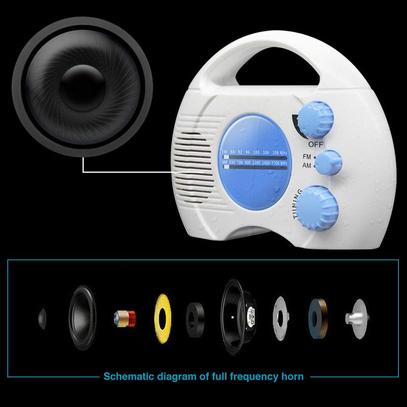 [Australia - AusPower] - Shower Radio, Portable AM/FM Shower Radio, Waterproof Hanging Shower Radio Built-in Speaker Adjustable Volume Battery Operated Shower Radios for Bathroom Kitchen, Outdoor(Blue+White) Blue+white 
