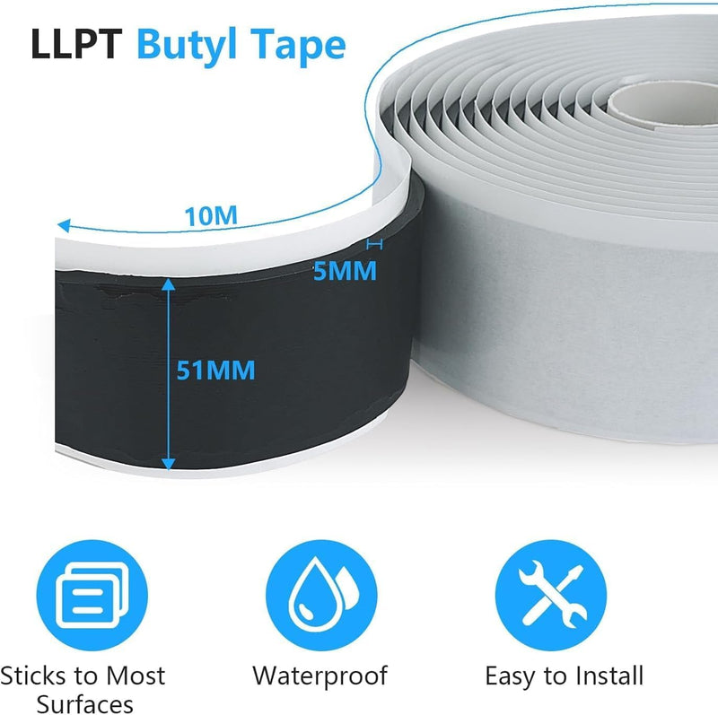 LLPT Butyl Tape Black 2 Inch x 16.5 Feet 5mm Thickness Water Tight Seal for Leak Proof EPDM RV Repair Window Glass Boat Sealing Roof Pipe Patching(BST5105) 2" x 16.5 Ft