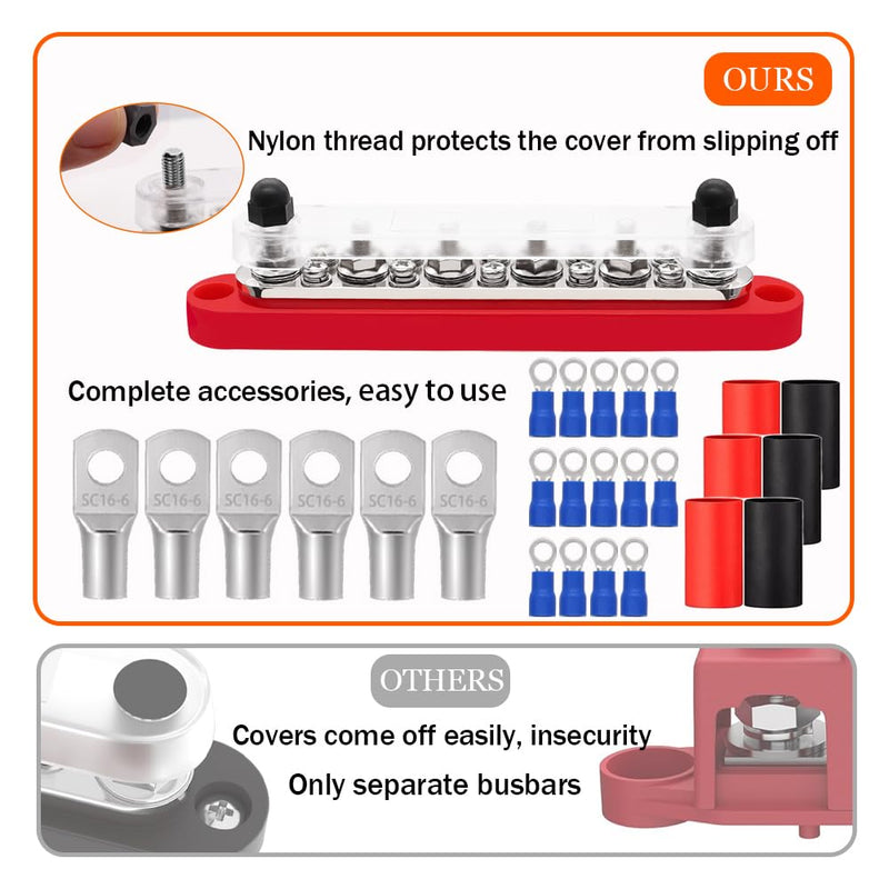 [Australia - AusPower] - 12V Bus Bar 250A Power Distribution Block Busbar 6 x 1/4" Studs 10 x #8 Screw Terminals for Marine, Automotive, and Solar Wiring (Pair, Red & Black) 
