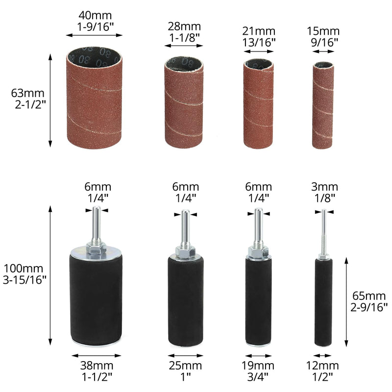 QWORK 20-Piece Sanding Rollers, Sanding Sleeves Set, 4 Sizes Rubber Drums, 16 Sanding Sleeves, with Case
