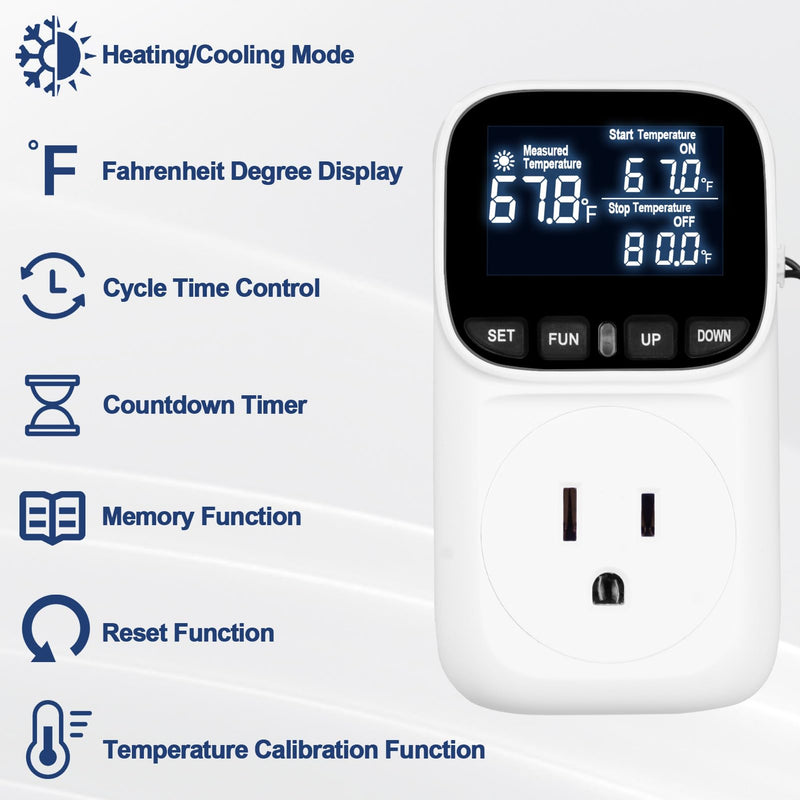 [Australia - AusPower] - Digital Temperature Controller Thermostat Outlet Plug, 120V 15A Heating and Cooling Control with Sensor,Thermostat Timer LCD Display, Ideal for Reptiles, Greenhouses, and Brewing 