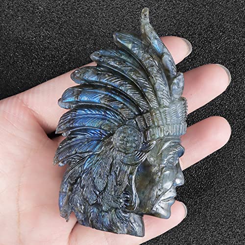 3.2inches Labradorite Crystal Skull Indian Chiefs Hand Carved Bust Head Figurines Art Sculpture Healing Gemstone